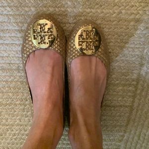 Gold Tory Burch Reva flat in 7- snake embossed